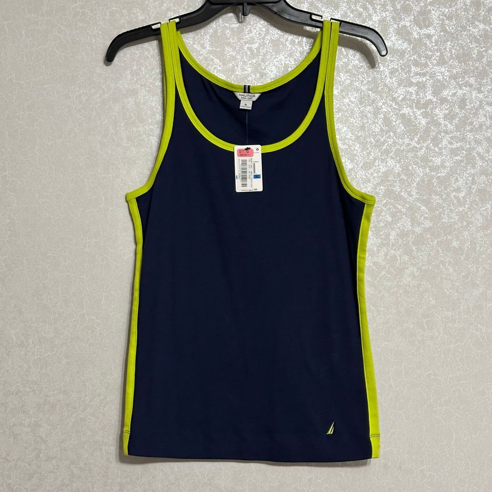 Nautica NWT Navy Blue & Green Trim Sleeveless Logo Tank Top Cotton Stretch XL